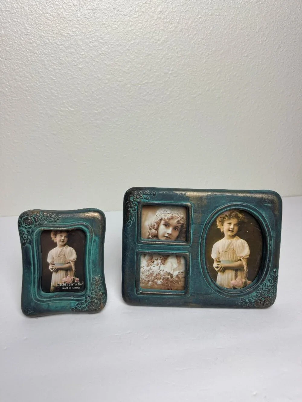 MEICO Verdigris Floral Picture Frame 2pc Rustic Patina Tabletop Photo Frame Hand